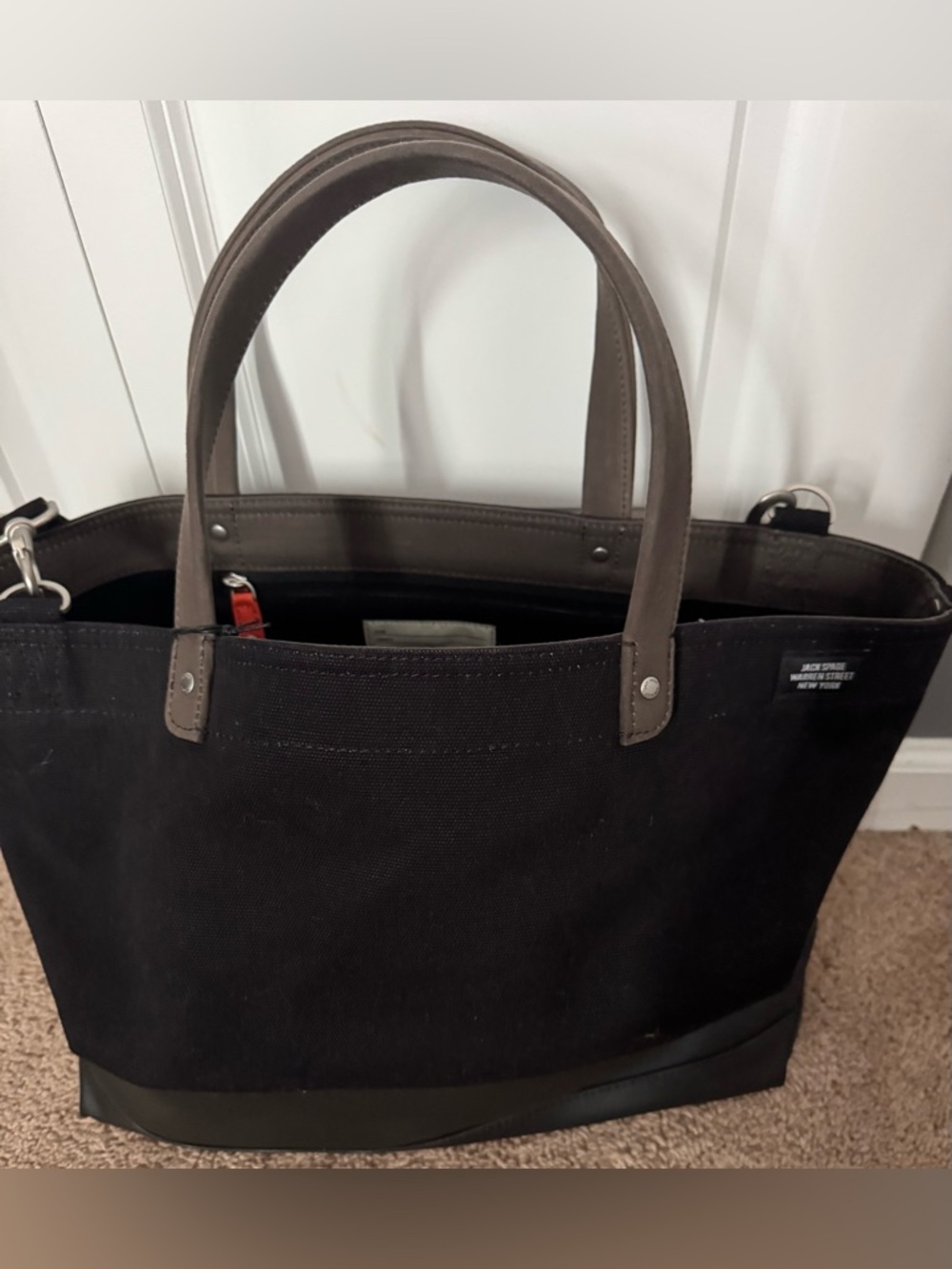 Jack Spade Black Canvas Messenger Tote with Brown Leather Handles
